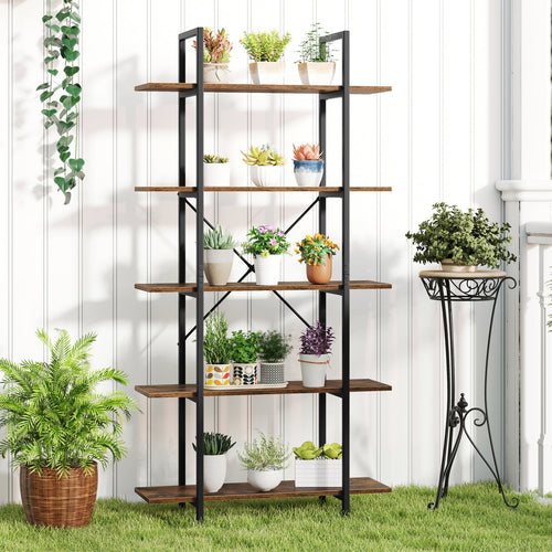 5-Tier 62IN Tall Vintage Bookcase Open Storage Shelves-Rustic Brown
