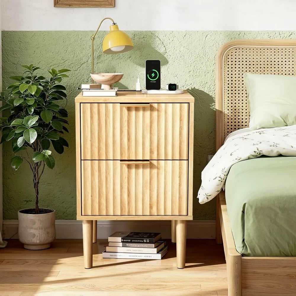 Nightstand Charging Station LED Light 19" W Fluted Round Edge