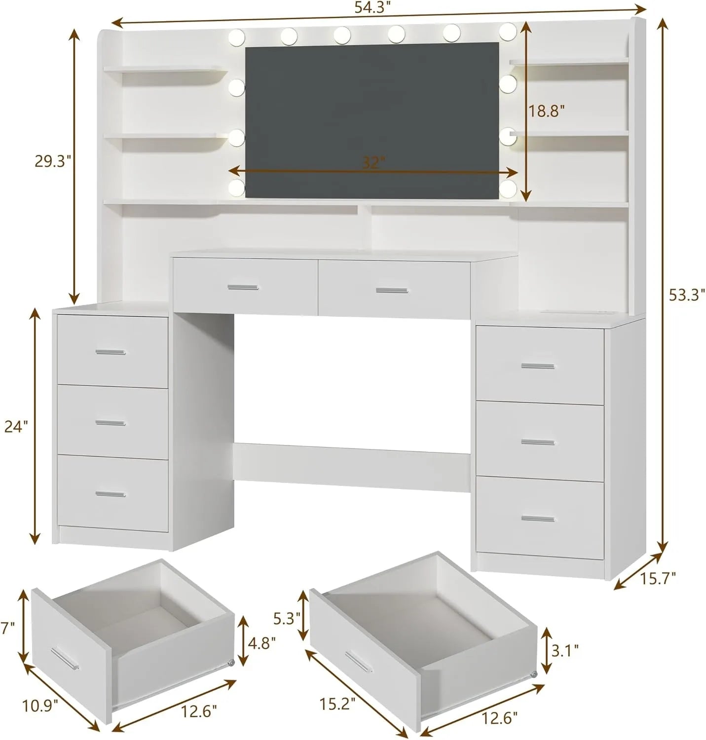 Large White Make-up Vanity Mirror 8 Drawers 6 Shelves