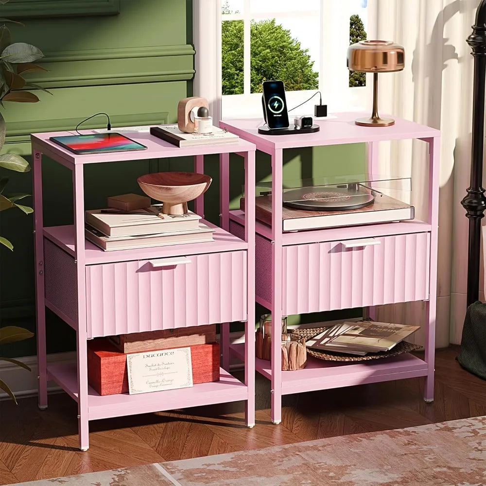 Nightstands Set of 2 Fabric Drawers Fluted, Charging Station