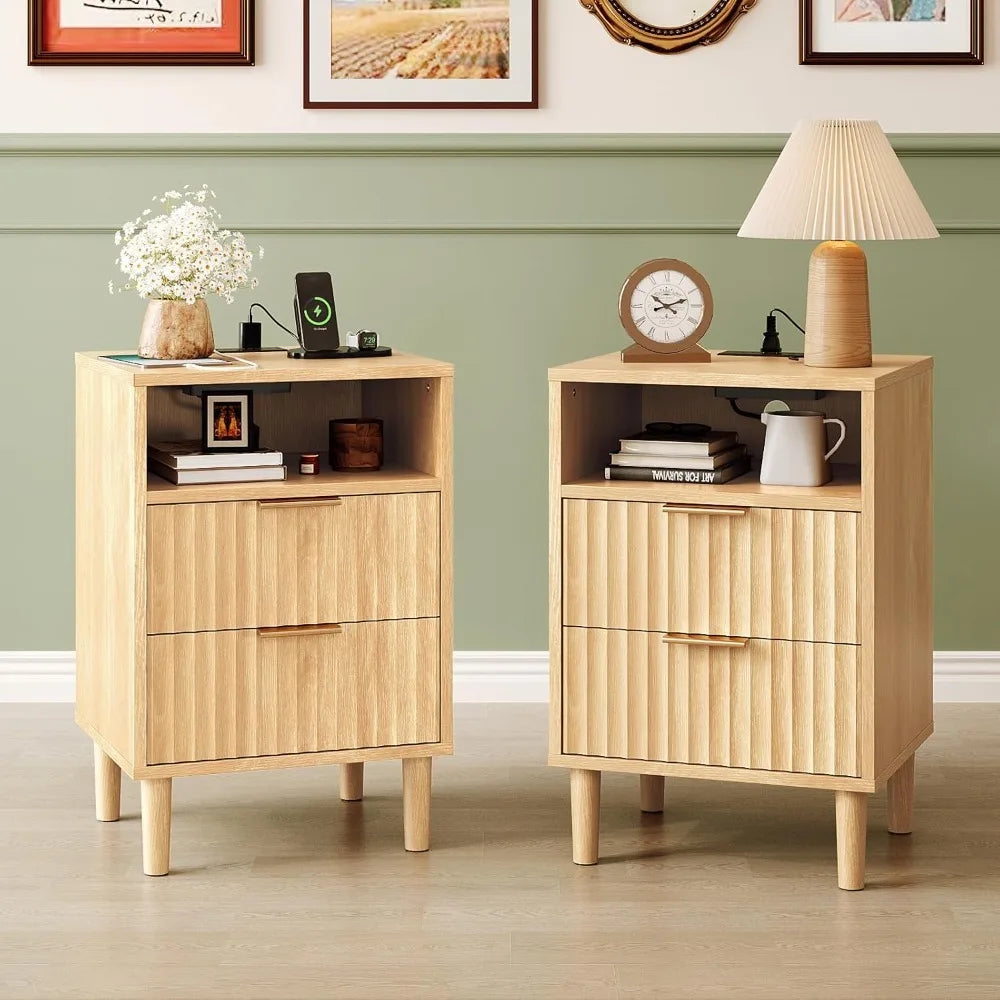 Nightstand Charging Station LED Light 19" W Fluted Round Edge