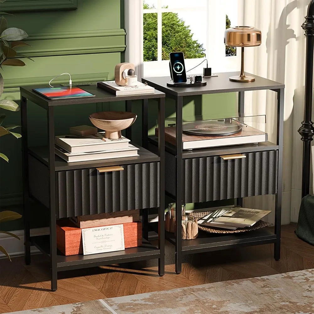 Nightstands Set of 2 Fabric Drawers Fluted, Charging Station
