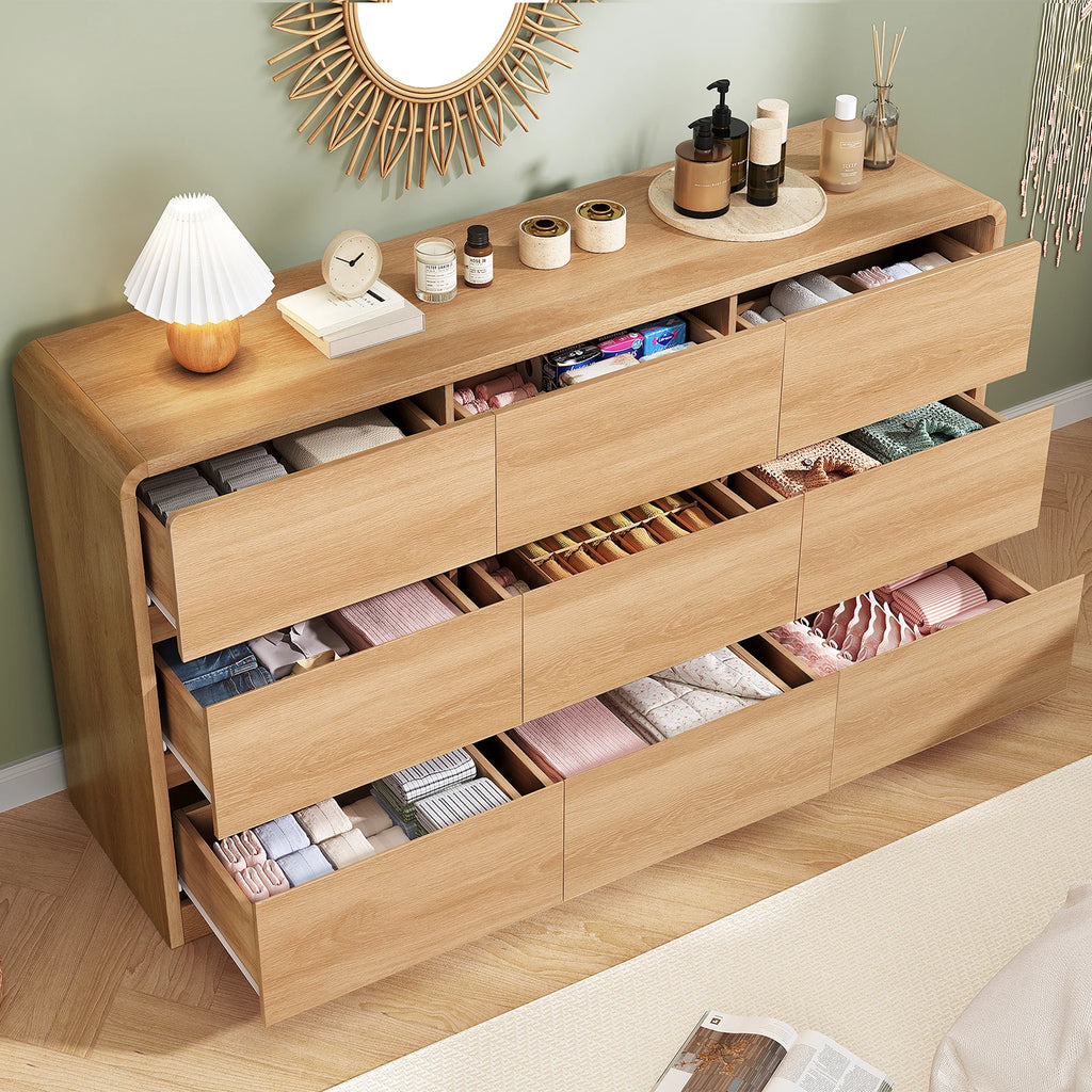 9-Drawer 63Inch Wide Dressers With Curved Profile Design