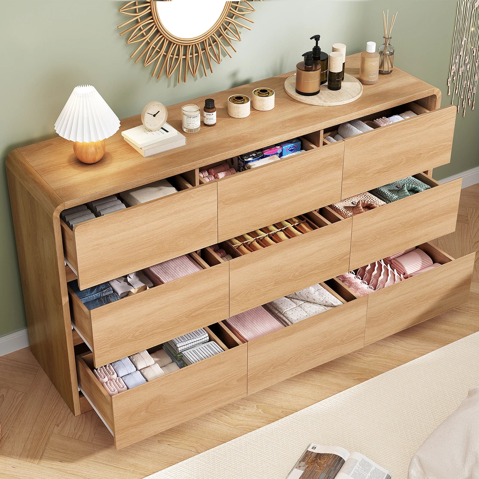 9-Drawer 63Inch Wide Dressers With Curved Profile Design