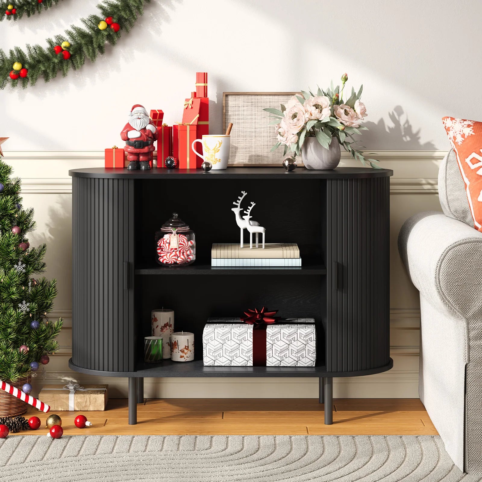 40" Cabinet Sideboard Buffet, Storage, Sliding Door & Adjustable Shelf
