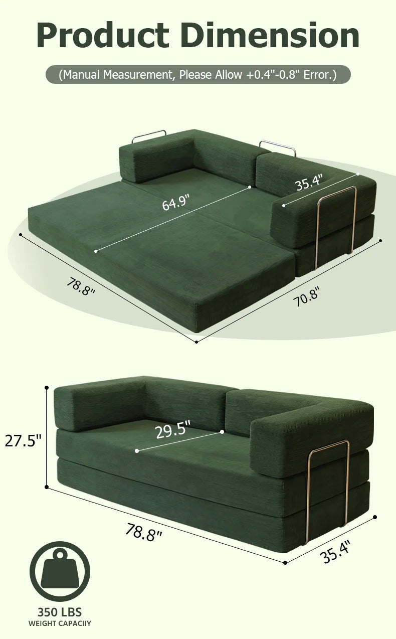 79" Queen Size Futon Sofa Bed, 4-in-1 Folding Boneless Sleeper