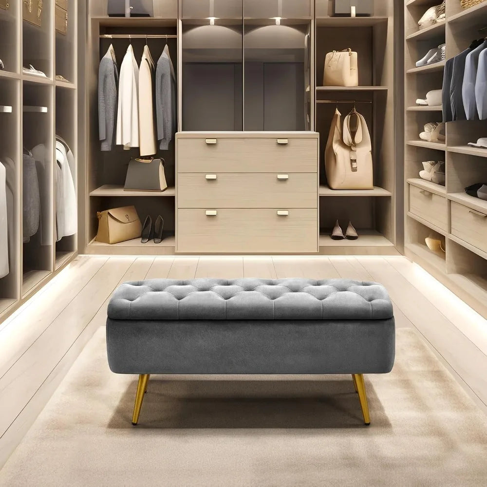 Ottoman Footstool Storage Bench, Upholstered Button-Tufted
