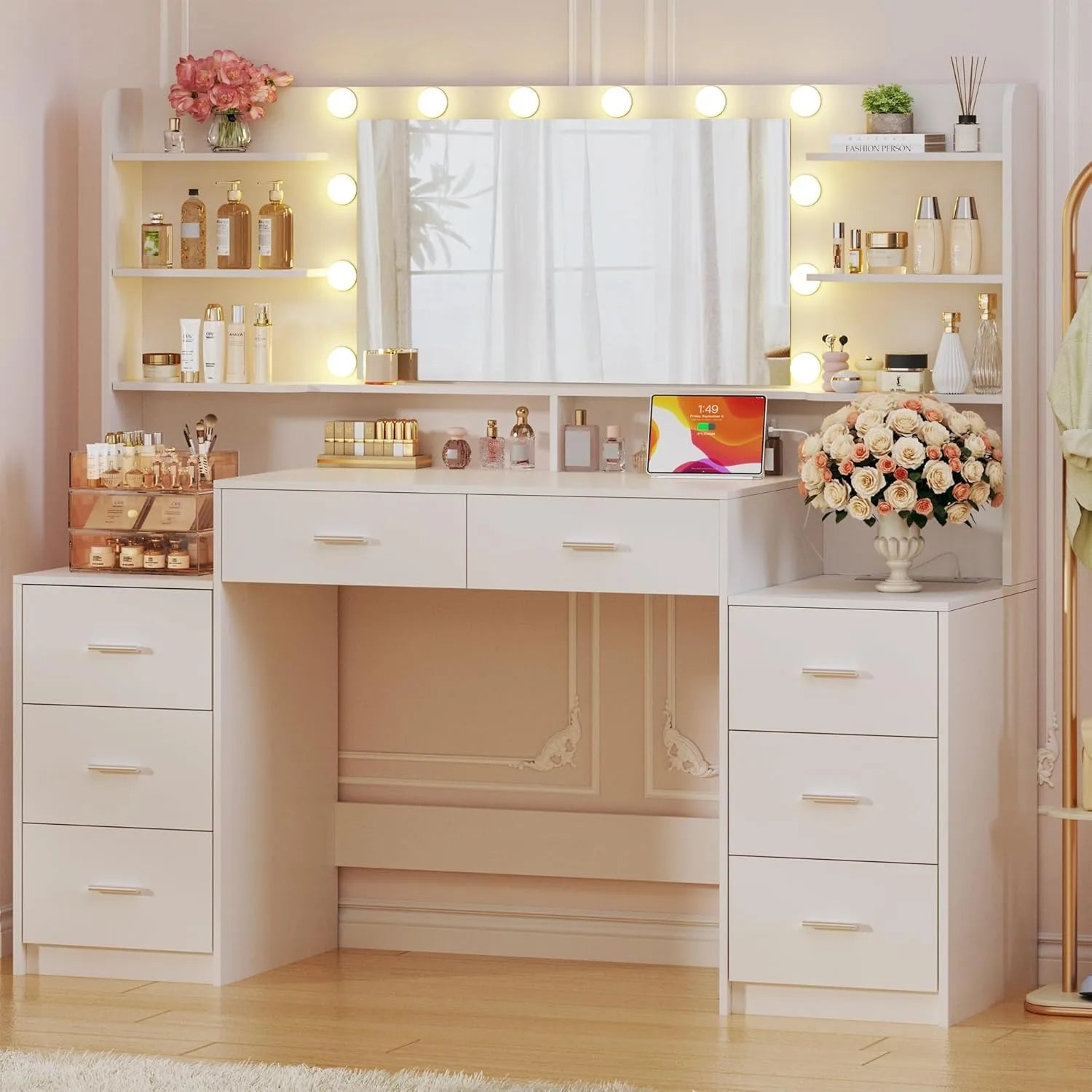 Large White Make-up Vanity Mirror 8 Drawers 6 Shelves