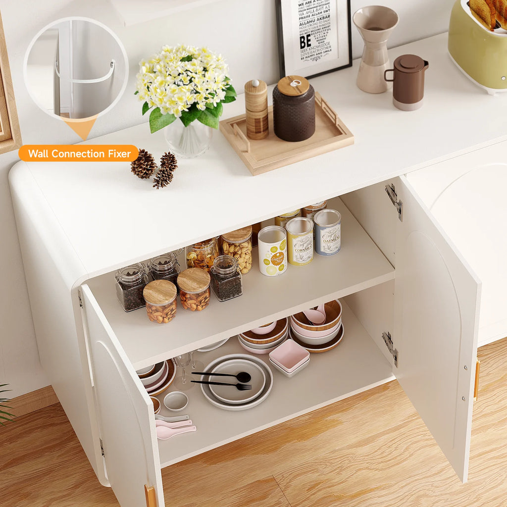 60" Sideboard Buffet Cabinet, Storage, Curved, 4 Doors, Adjustable Shelves