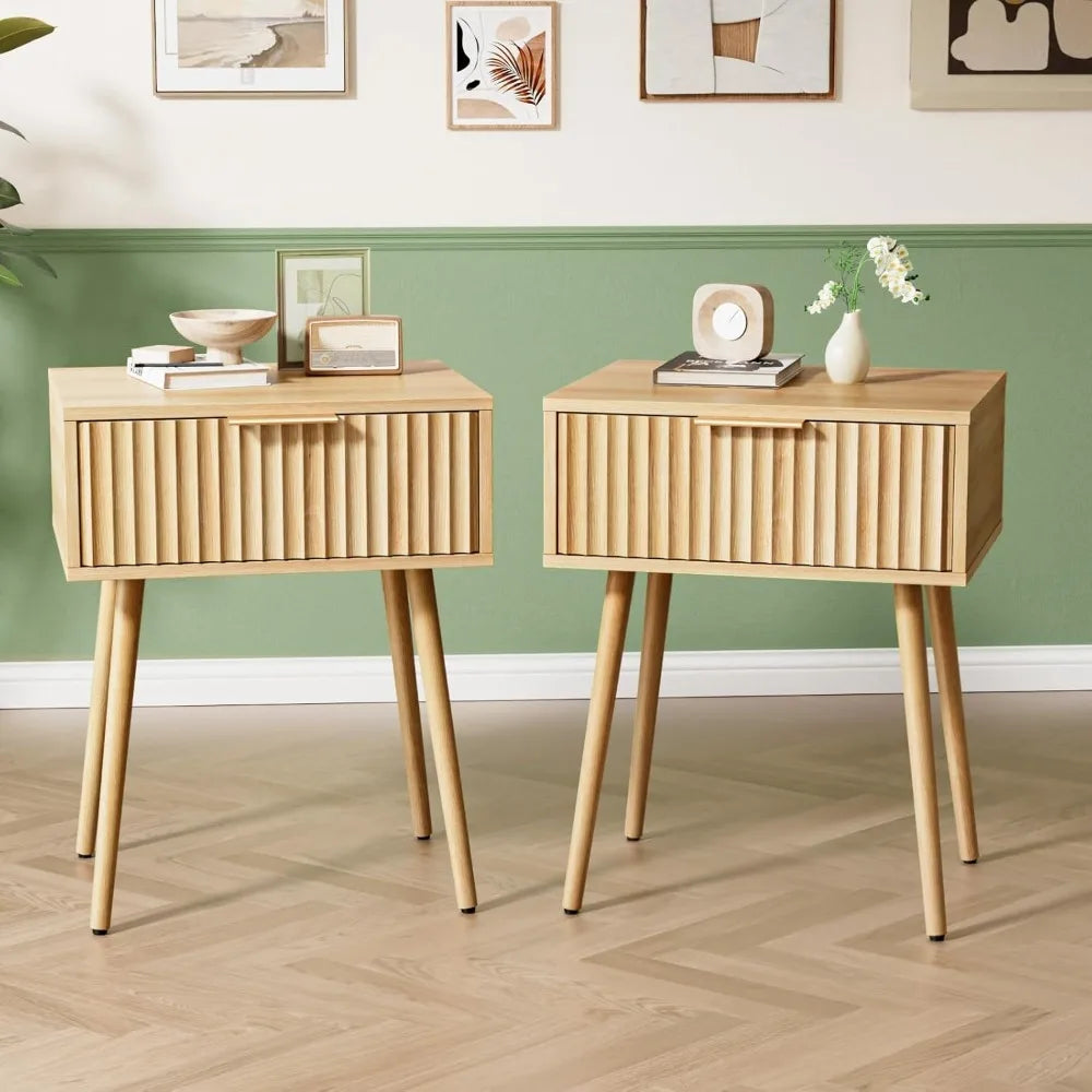 Nightstands Set of 2 Fabric Drawers Fluted, Charging Station