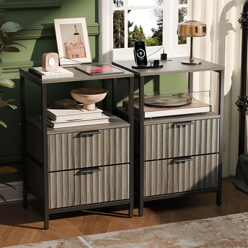 Nightstands Set of 2 Fabric Drawers Fluted, Charging Station