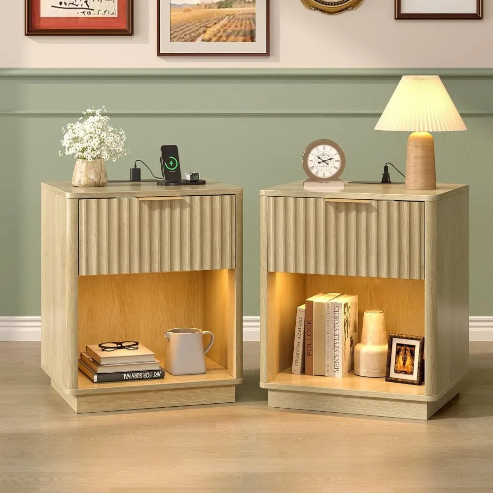 Nightstand Charging Station LED Light 19" W Fluted Round Edge