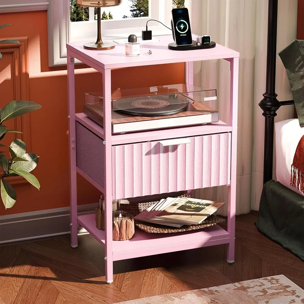 Nightstand Charging Station LED Light 19" W Fluted Round Edge
