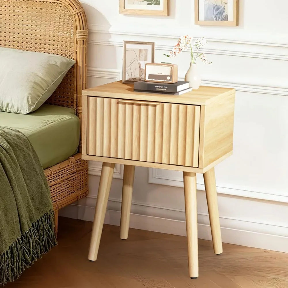 Nightstands Set of 2 Fabric Drawers Fluted, Charging Station