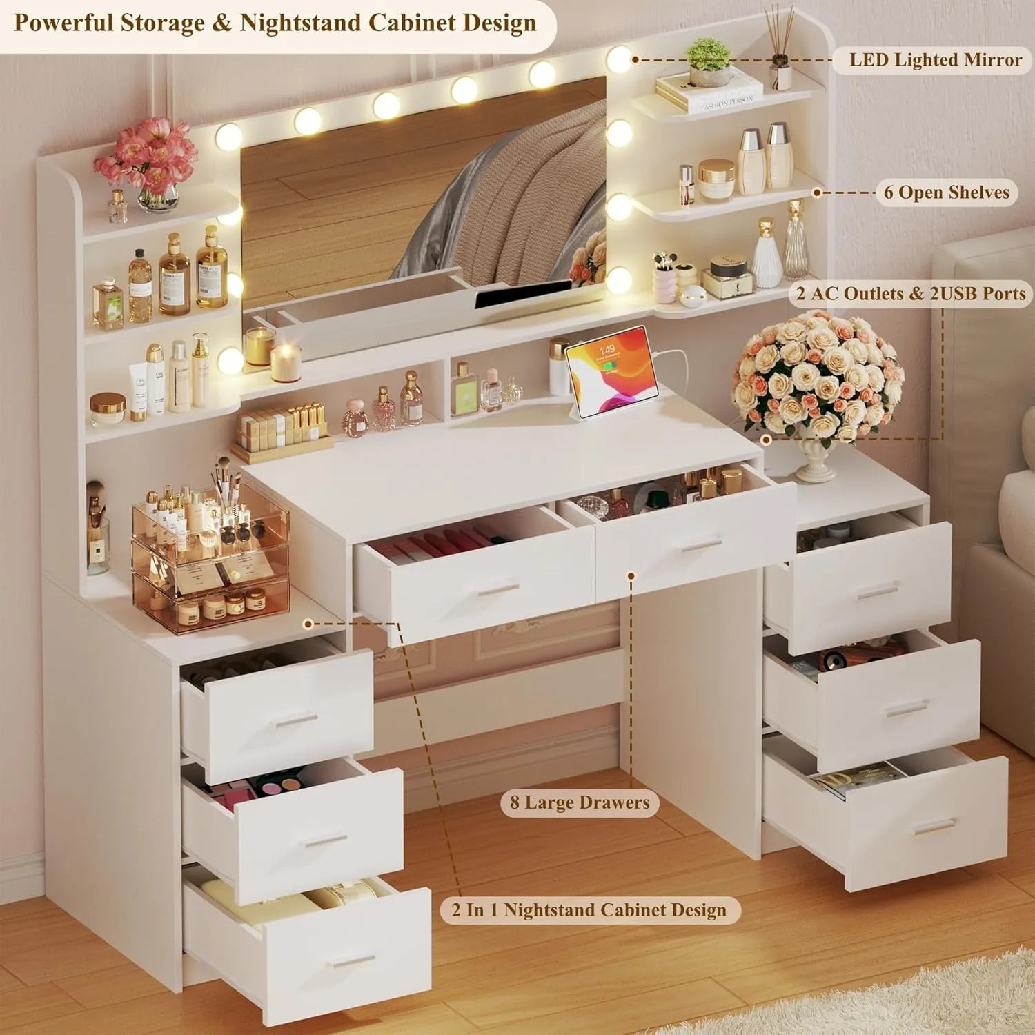 Large White Make-up Vanity Mirror 8 Drawers 6 Shelves