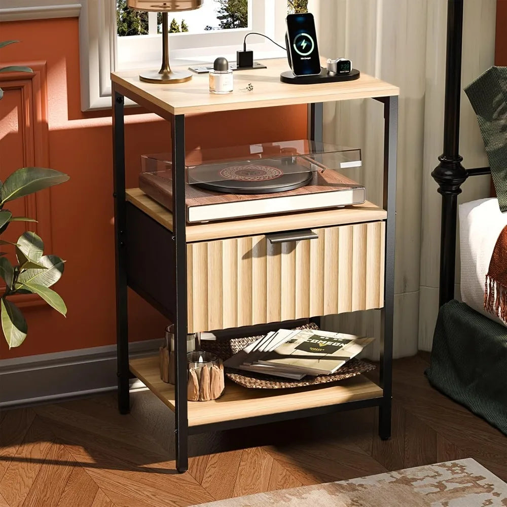 Nightstand Charging Station LED Light 19" W Fluted Round Edge