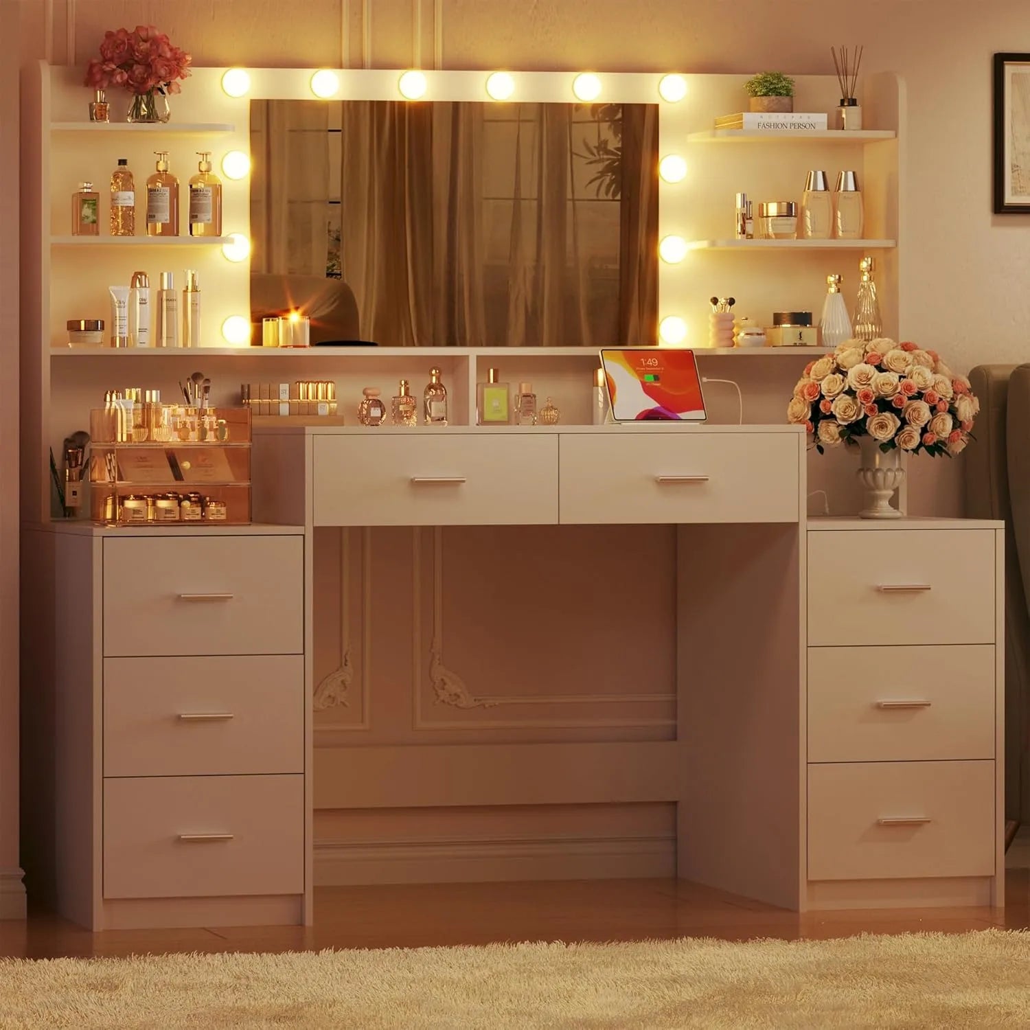 Large White Make-up Vanity Mirror 8 Drawers 6 Shelves