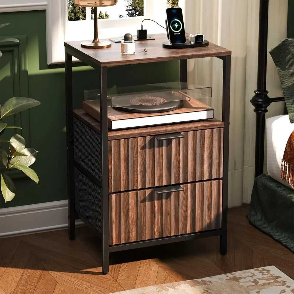 Nightstand Charging Station LED Light 19" W Fluted Round Edge