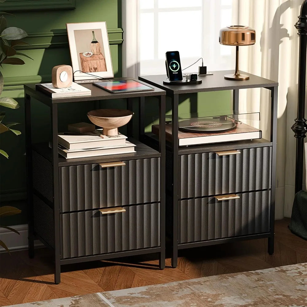 Nightstand Charging Station LED Light 19" W Fluted Round Edge