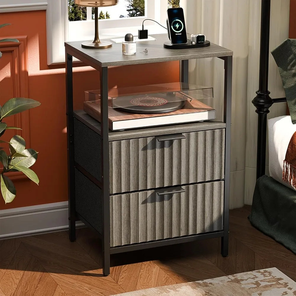 Nightstand Charging Station LED Light 19" W Fluted Round Edge