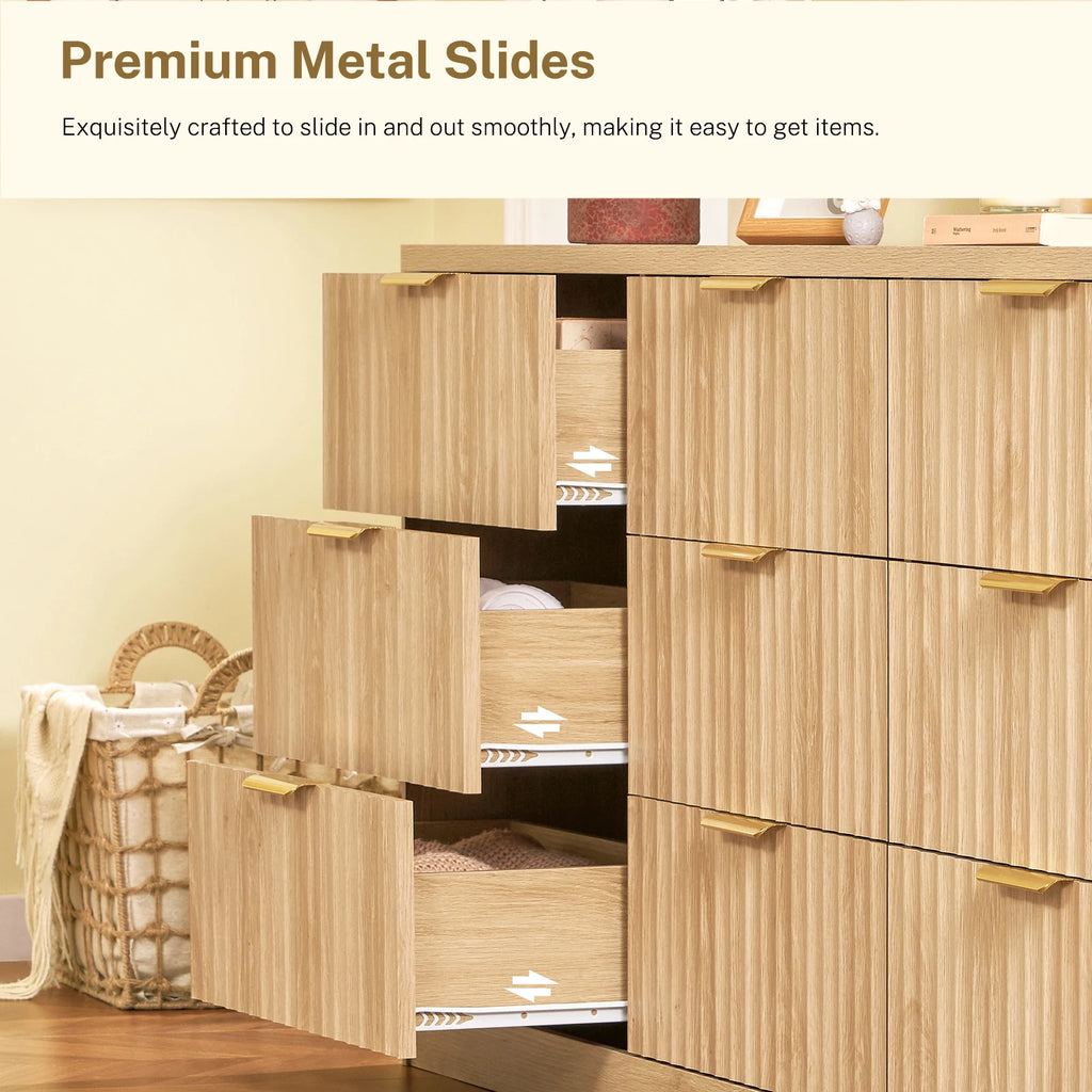 63" Dresser 9-Drawers,  Metal Handles, Fluted Dresser