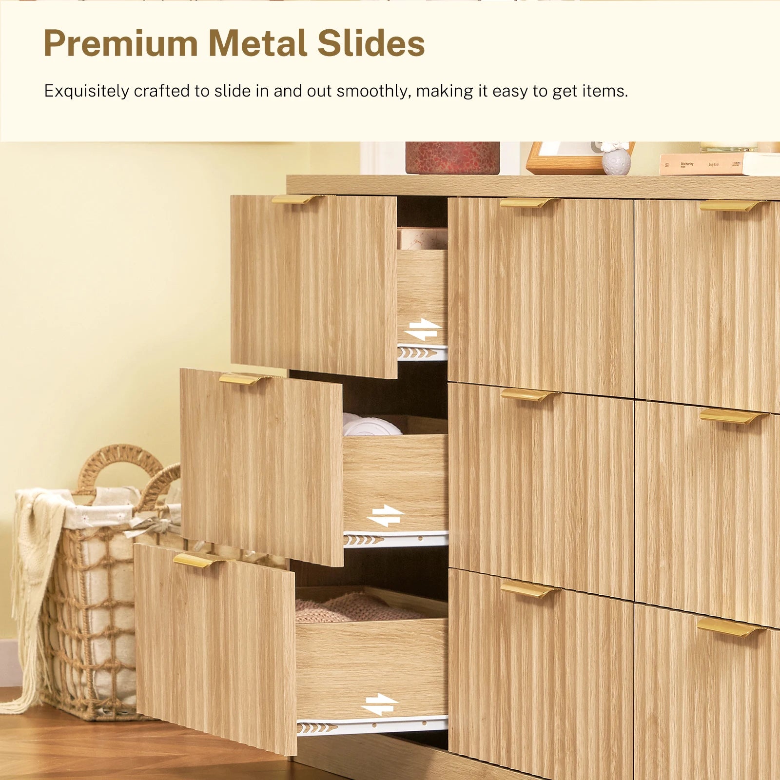 63" Dresser 9-Drawers,  Metal Handles, Fluted Dresser