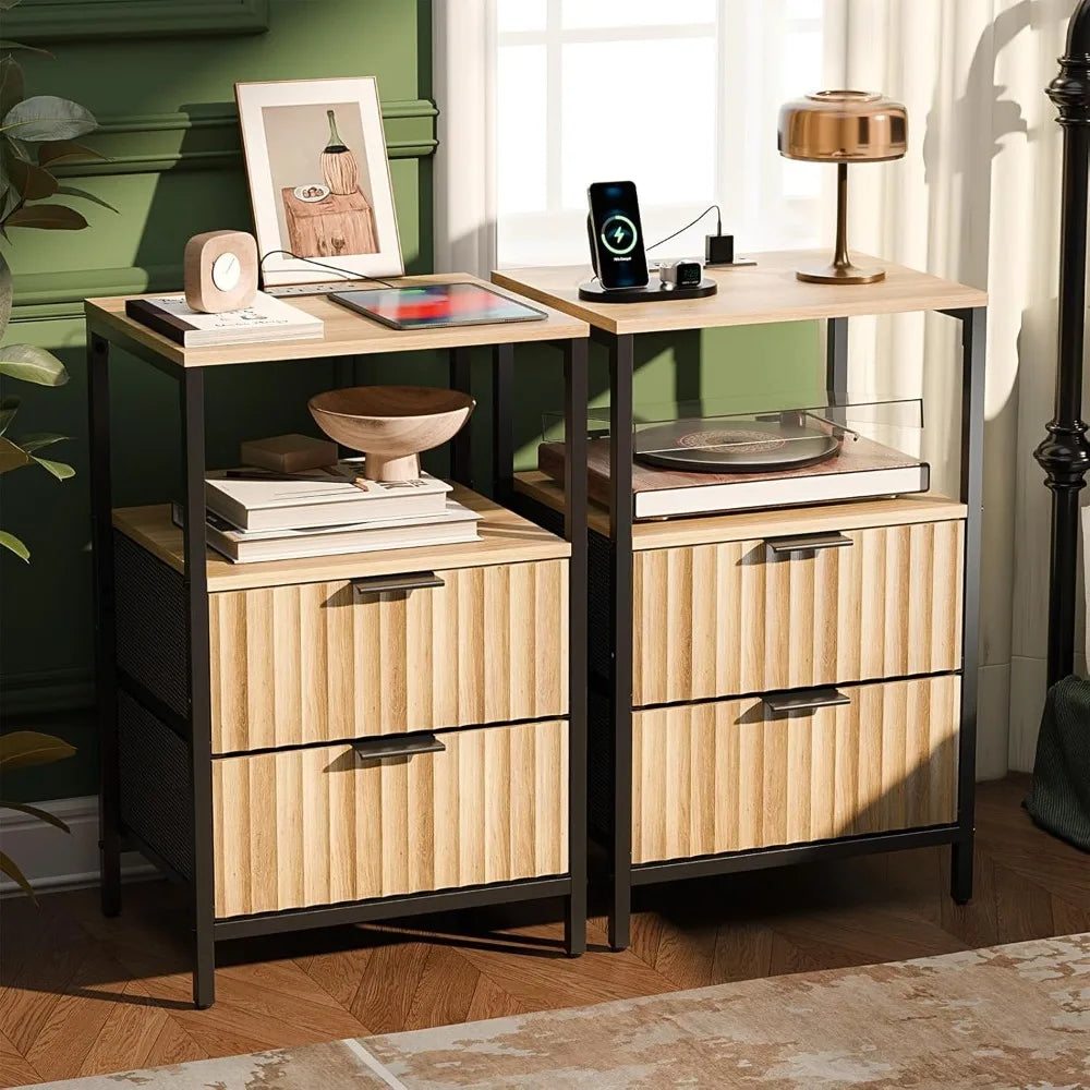 Nightstand Charging Station LED Light 19" W Fluted Round Edge