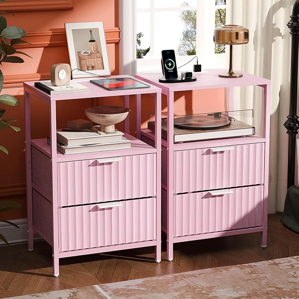 Nightstands Set of 2 Fabric Drawers Fluted, Charging Station