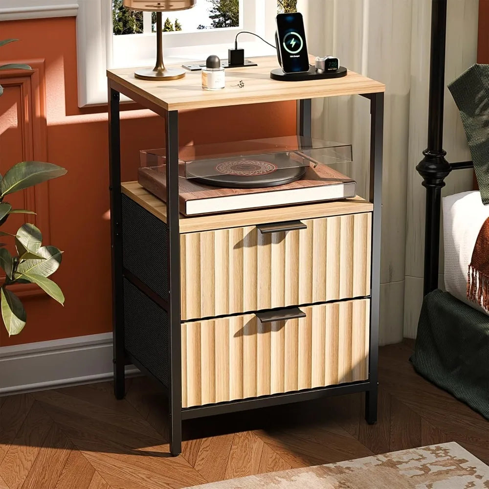 Nightstand Charging Station LED Light 19" W Fluted Round Edge