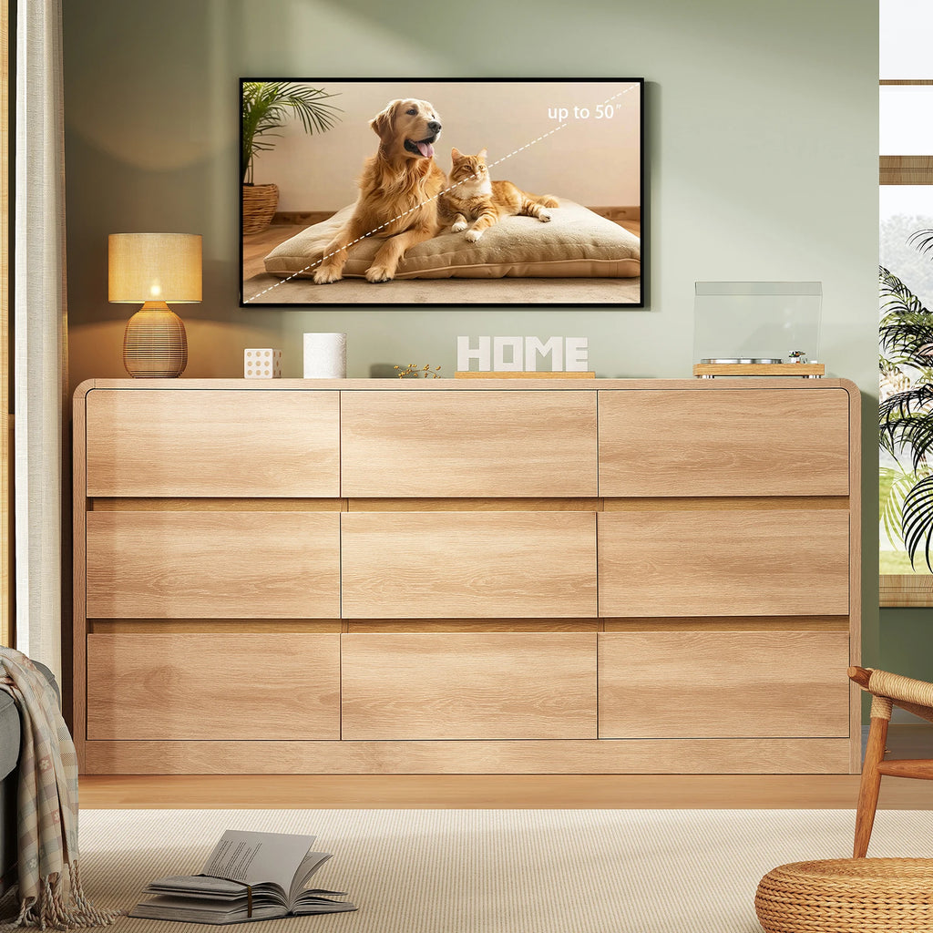 9-Drawer 63Inch Wide Dressers With Curved Profile Design