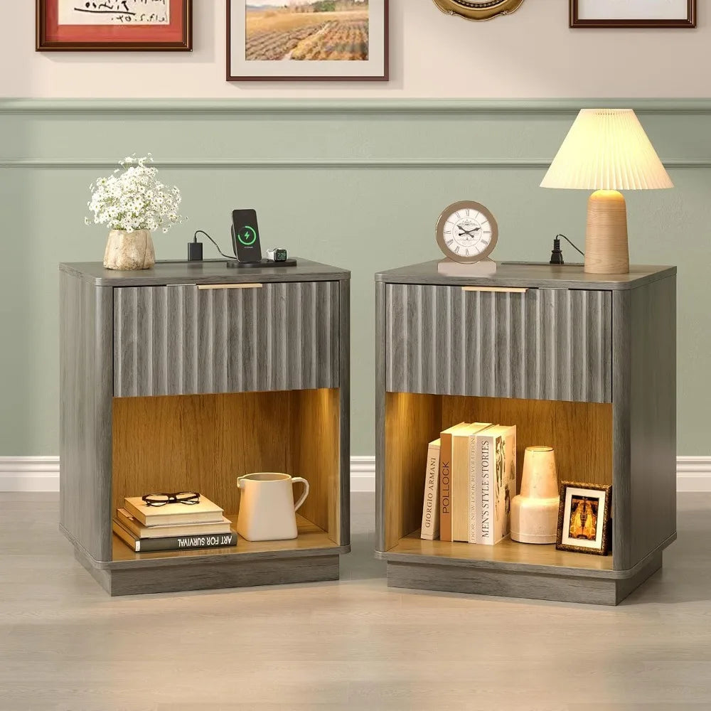 Nightstand Charging Station LED Light 19" W Fluted Round Edge