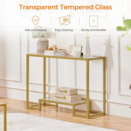 42 Inch Console Table, Tempered Glass Narrow , 2-Tier Table