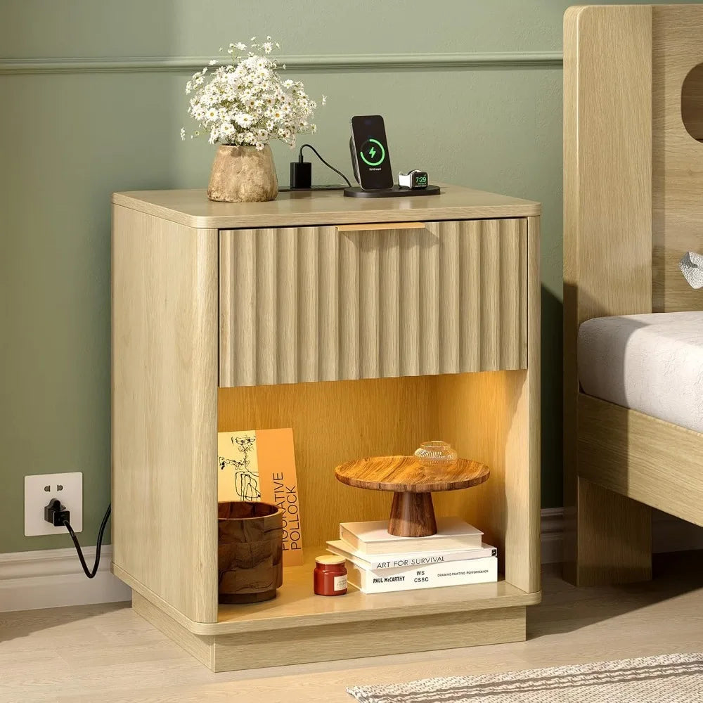 Nightstand Charging Station LED Light 19" W Fluted Round Edge