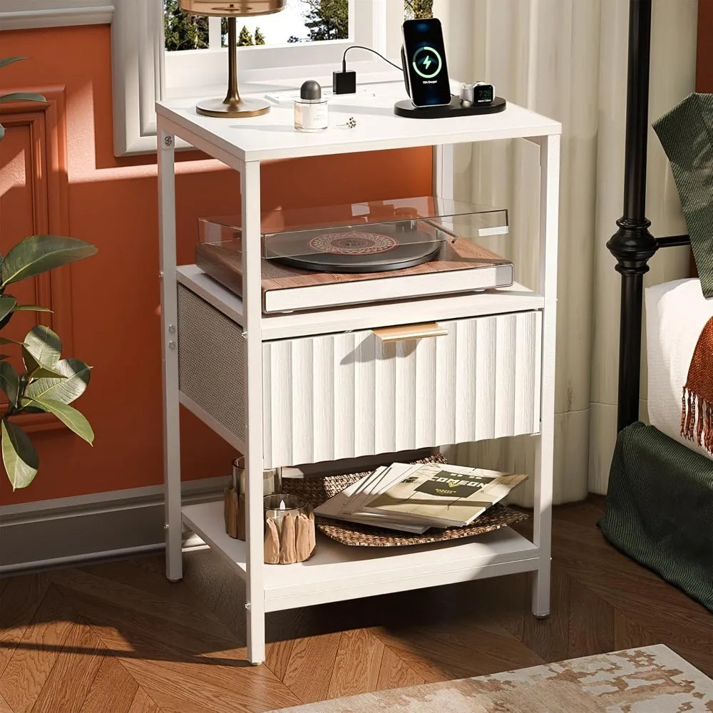 Nightstands Set of 2 Fabric Drawers Fluted, Charging Station