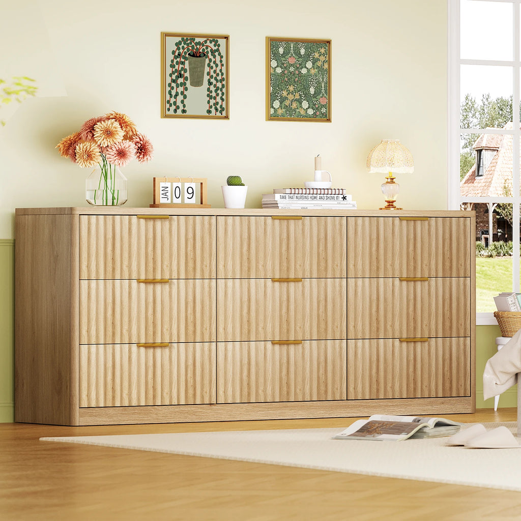 63" Dresser 9-Drawers,  Metal Handles, Fluted Dresser