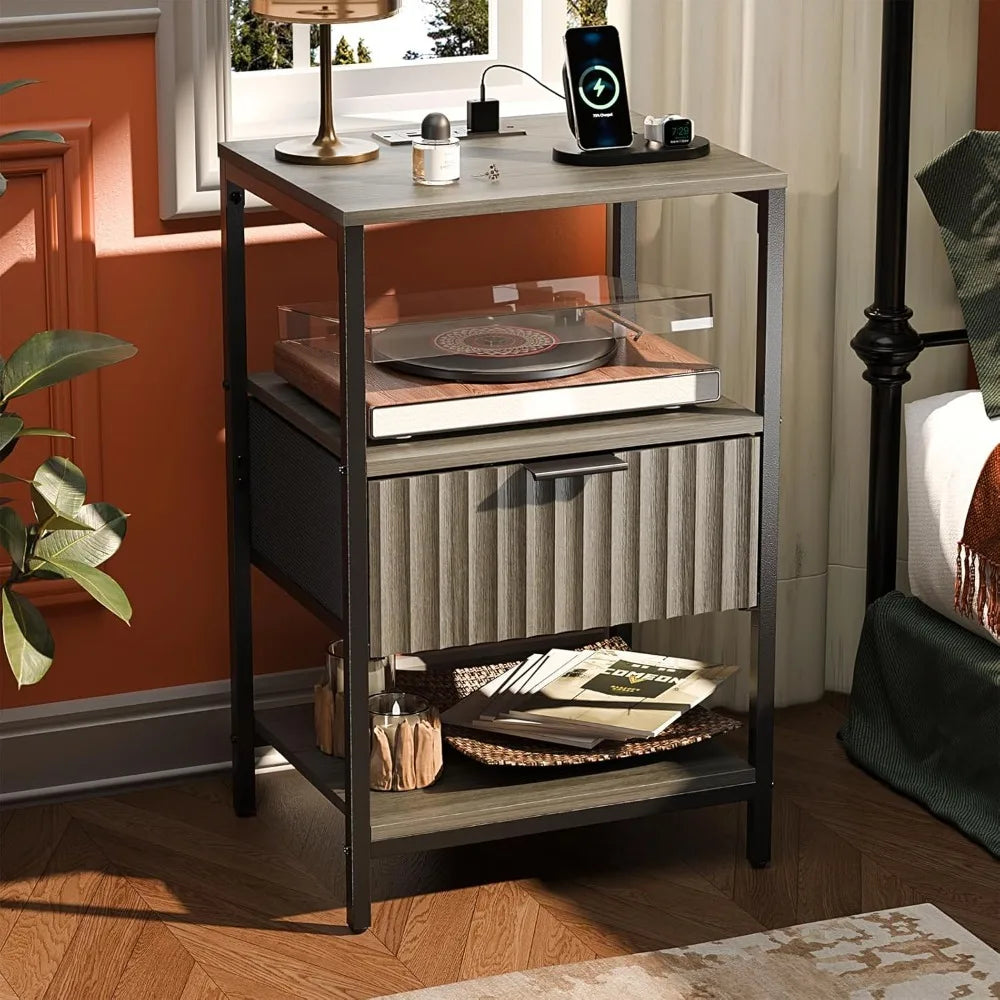 Nightstand Charging Station LED Light 19" W Fluted Round Edge