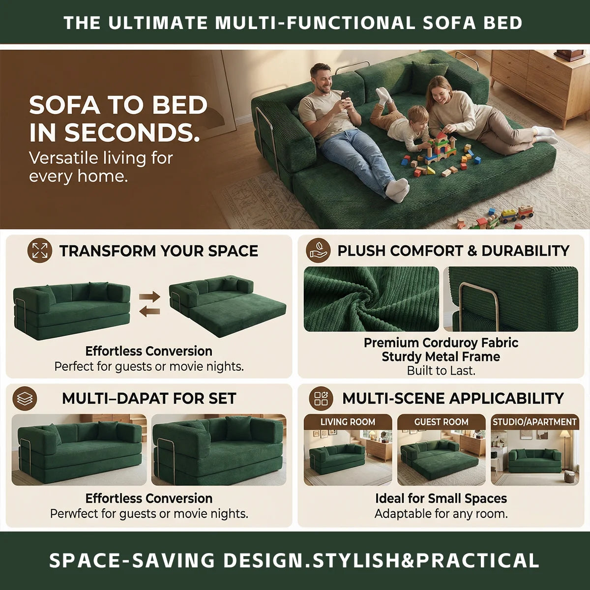 79" Queen Size Futon Sofa Bed, 4-in-1 Folding Boneless Sleeper