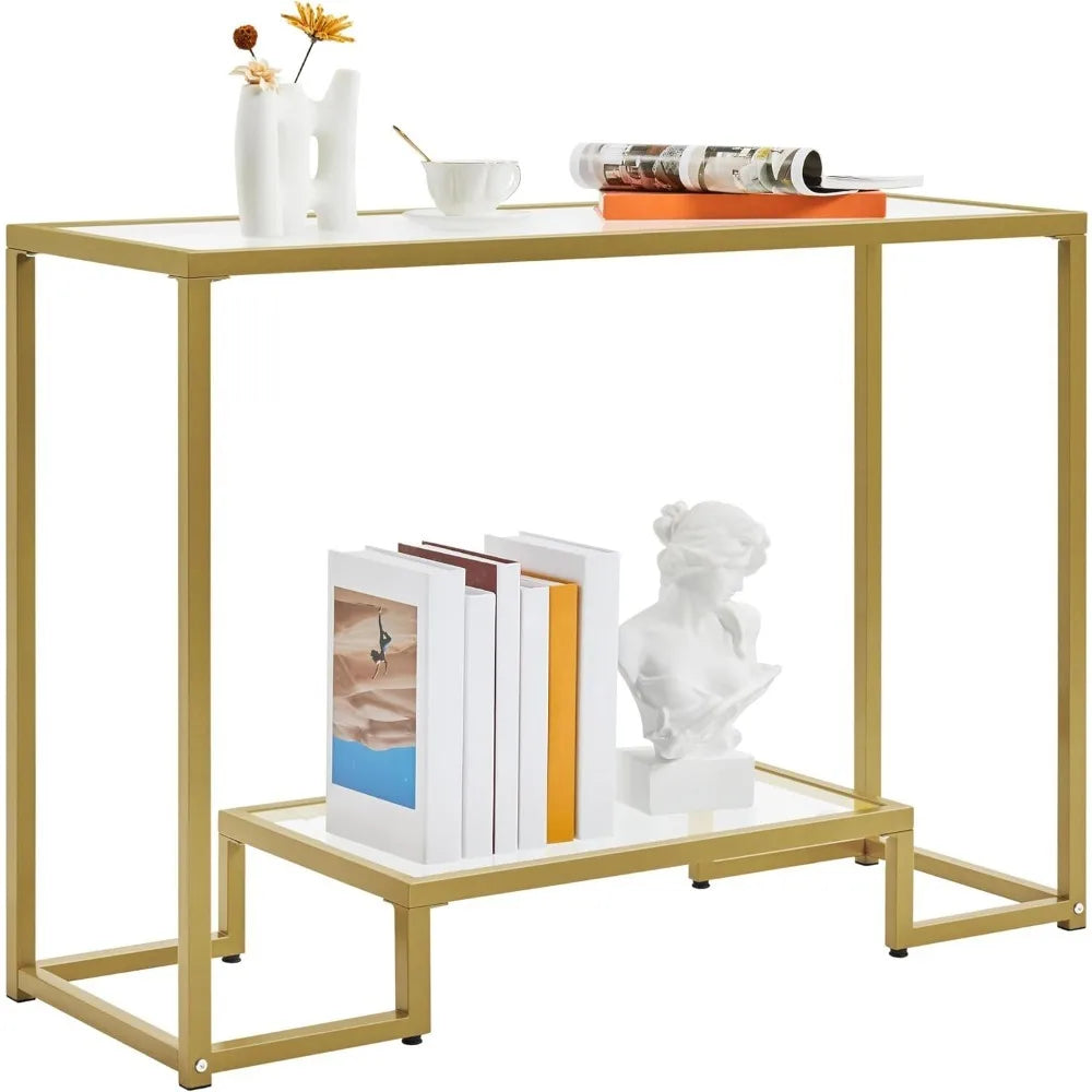 42 Inch Console Table, Tempered Glass Narrow , 2-Tier Table