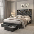 LED Bed Frame, Storage, Star Projector, Charging Station, 2-Tier Headboard, PU Leather Bed