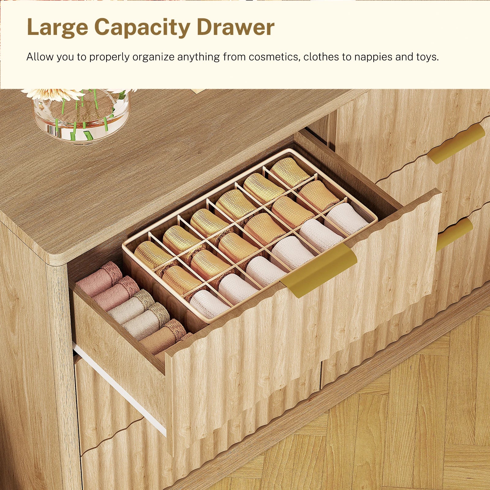 63" Dresser 9-Drawers,  Metal Handles, Fluted Dresser