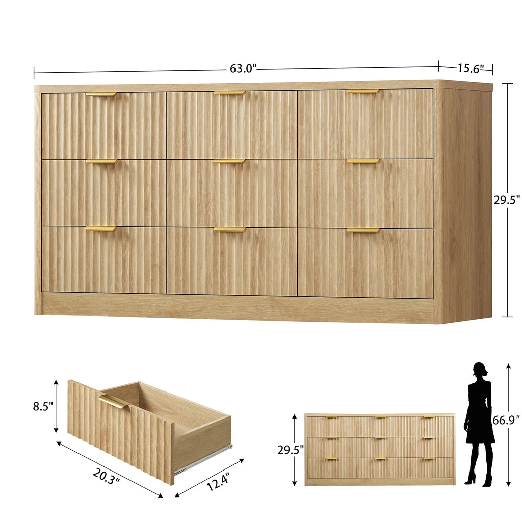 63" Dresser 9-Drawers,  Metal Handles, Fluted Dresser