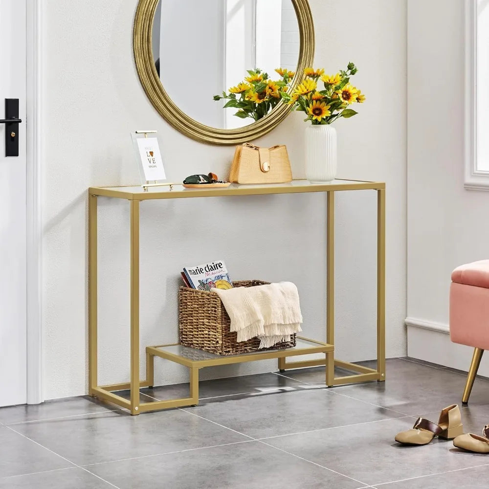 42 Inch Console Table, Tempered Glass Narrow , 2-Tier Table
