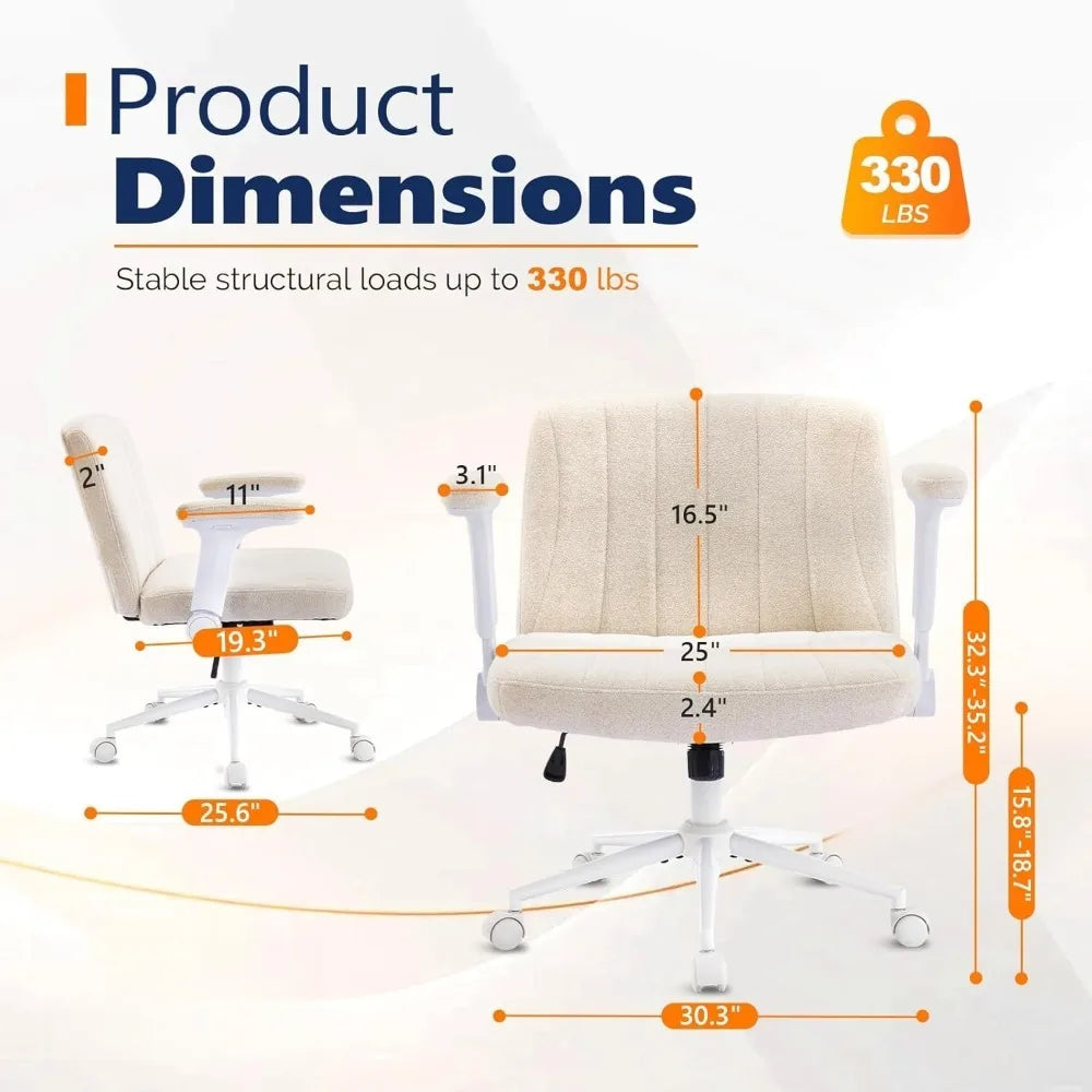 Extra Wide Cross Legged Chair, Wheels, Adjustable Flip-Up Arms