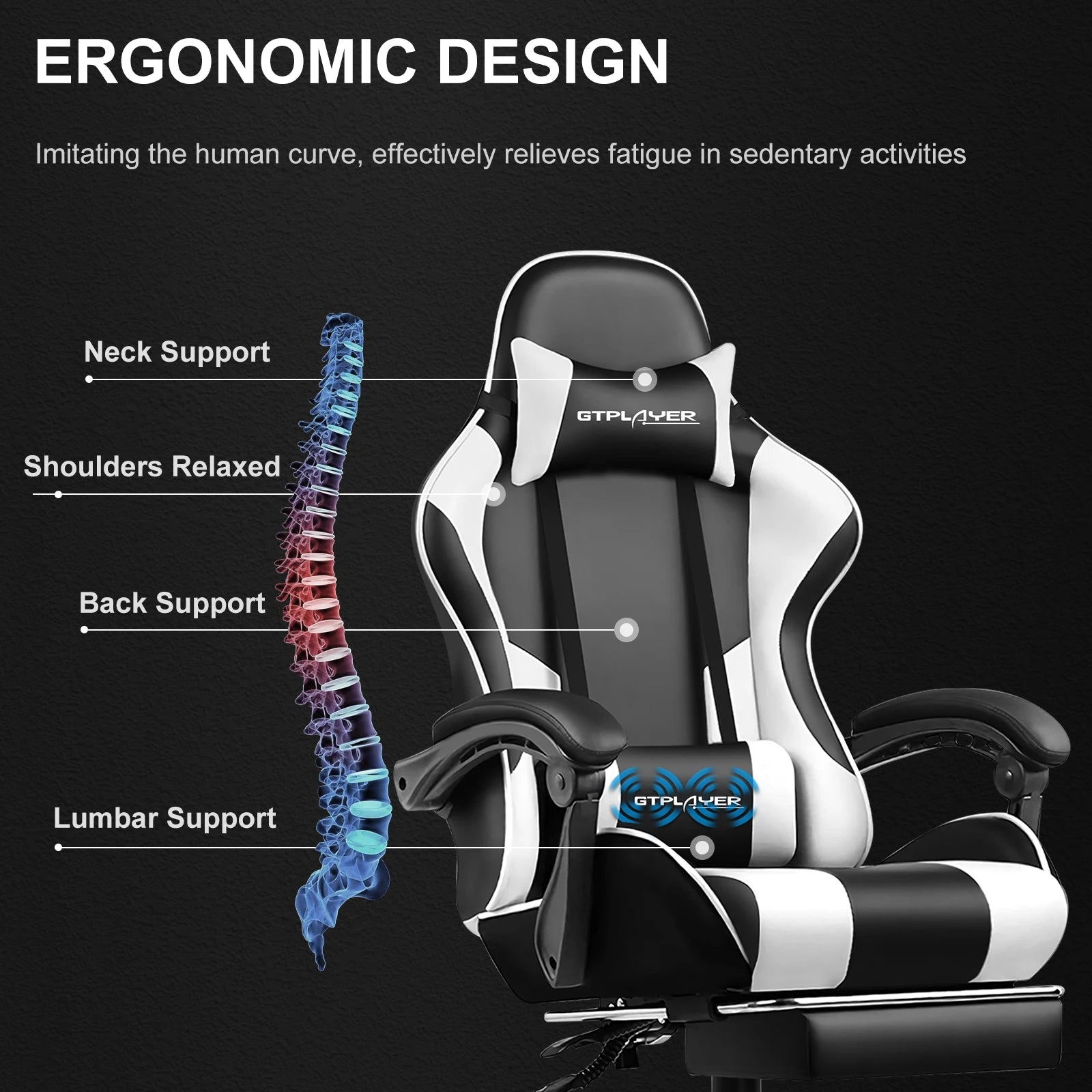 GTPLAYER Gaming Chair Footrest, Lumbar Support, Adjustable Height, Swivel Seat