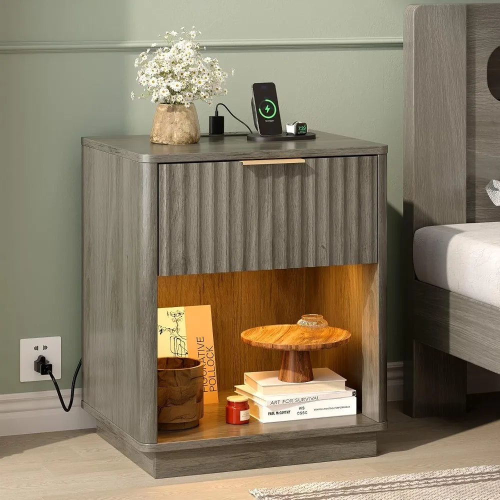 Nightstand Charging Station LED Light 19" W Fluted Round Edge