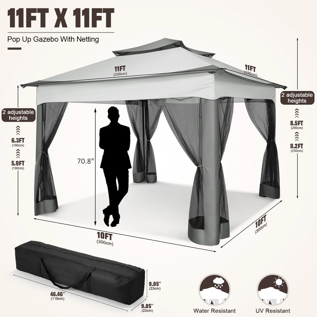 11'x11' Pop-Up Gazebo Pavilion W/Mosquito Netting, Canopy Tent W/Carry Bag
