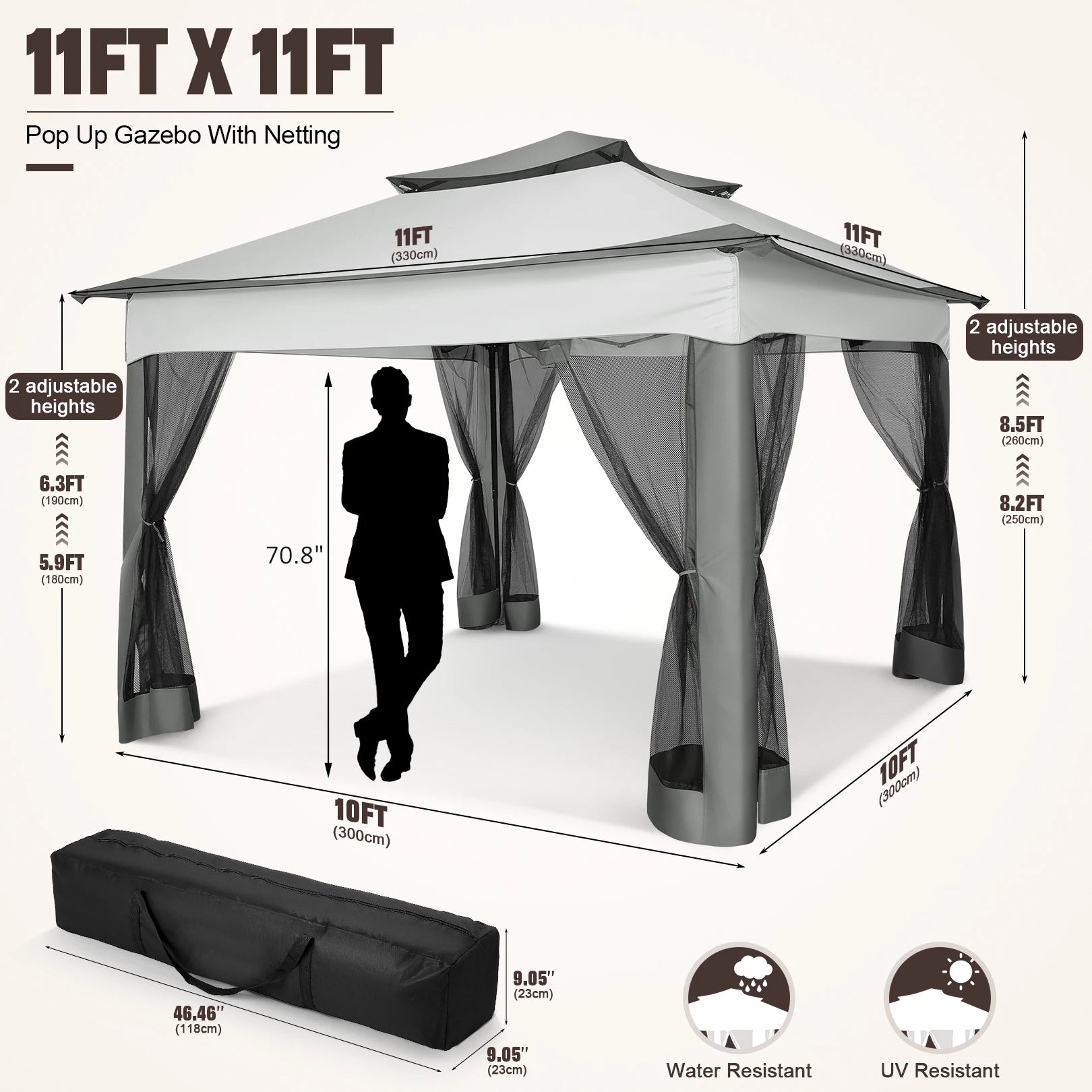 11'x11' Pop-Up Gazebo Pavilion W/Mosquito Netting, Canopy Tent W/Carry Bag