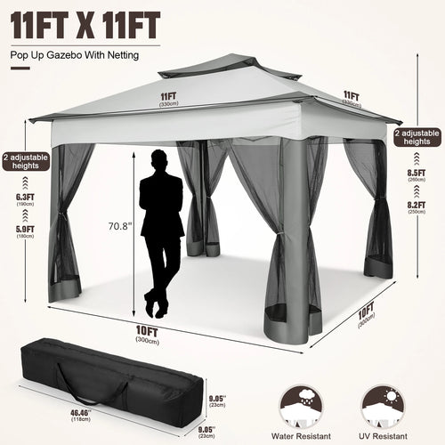 11'x11' Pop-Up Gazebo Pavilion W/Mosquito Netting, Canopy Tent W/Carry Bag