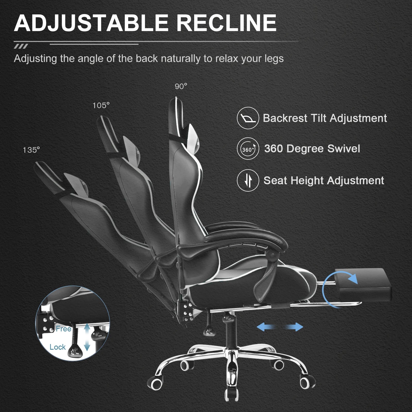 GTPLAYER Gaming Chair Footrest, Lumbar Support, Adjustable Height, Swivel Seat
