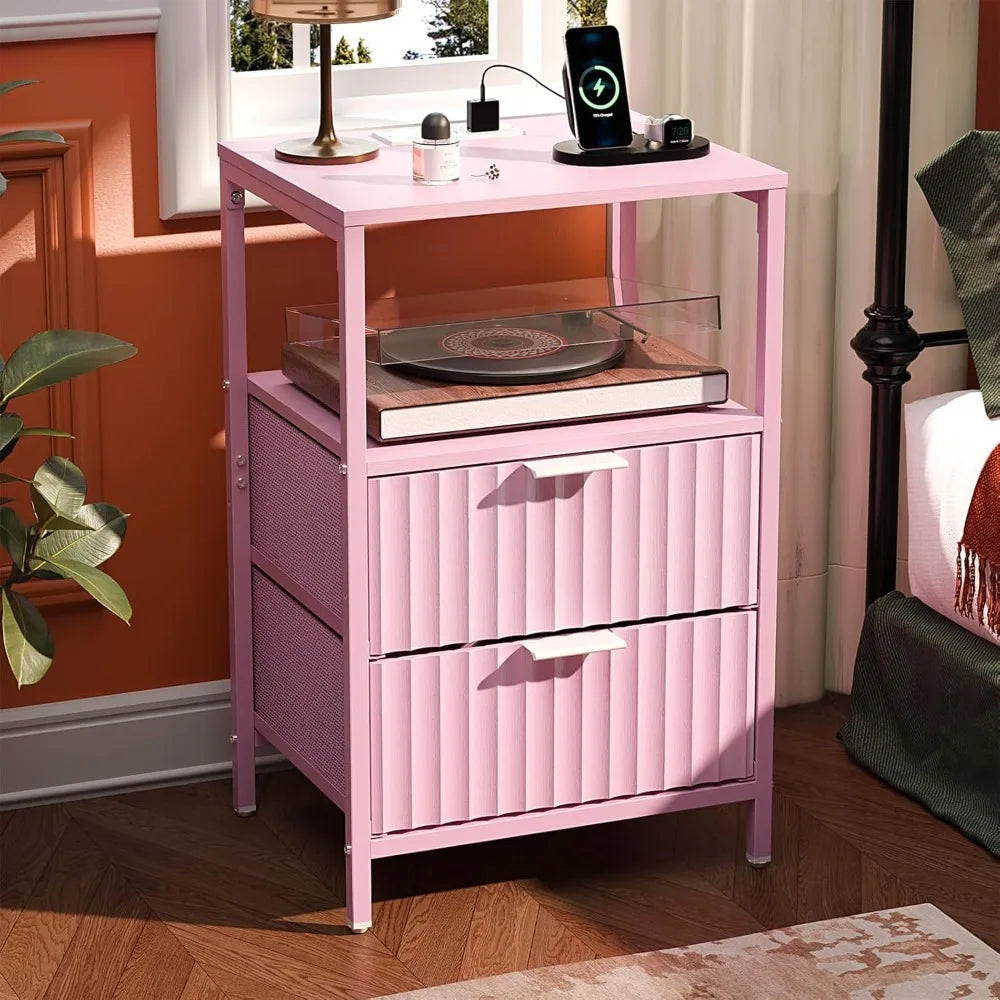 Nightstand Charging Station LED Light 19" W Fluted Round Edge
